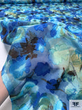 Made in Switzerland Painterly Floral Burnout and Printed Jacquard Cotton Voile - Ocean Blues / Ocean Greens / Black