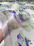 Italian Abstract Printed Satin Face Organza - Off-White / Violet / Green / Off-White