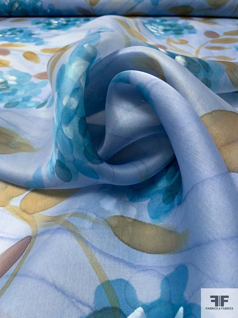 Italian Striating Floral Printed Satin Face Organza - Sky Blue ...