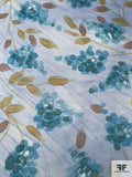 Italian Striating Floral Printed Satin Face Organza - Sky Blue / Turquoise / Olive Green