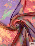 Painterly Bold Floral Printed Polyester Organza - Fire Orange-Yellow / Purple / Green