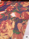 Painterly Bold Floral Printed Polyester Organza - Fire Orange-Yellow / Purple / Green