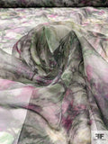 Dark Floral Printed Shimmer Polyester Organza - Smoky Green / Fandango / Black / Tinted Silver