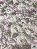 Dark Floral Printed Shimmer Polyester Organza - Smoky Green / Fandango / Black / Tinted Silver
