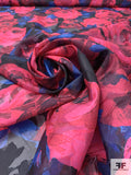 Floral Printed Burnout Polyester Organza - Hot Pink / Indigo Blue / Black