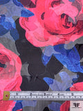 Floral Printed Burnout Polyester Organza - Hot Pink / Indigo Blue / Black
