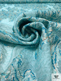 Italian Abstract Textured Cloqué and Metallic Silk Organza - Aqua Blue / Turquoise / Silver