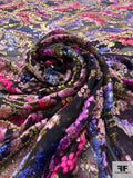 French Floral Glam Cut Panné Velvet with Lurex - Dark Periwinkle / Pinks / Gold / Black