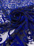 French Floral Vines Flocked Velvet on Organza - Royal Blue / Black