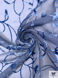 French Floral Vines Cut Panné Velvet on Organza - Dusty Blue