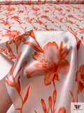 Floral Vines Printed Silk Charmeuse - Flourescent Orange-Coral / Off-White