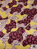 Floral Circles Blotch Collage Printed Silk Charmeuse - Dusty Chartreuse / Wine  / Multicolor