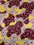 Floral Circles Blotch Collage Printed Silk Charmeuse - Dusty Chartreuse / Wine  / Multicolor