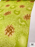 Floral and Animal Pattern Printed Silk Charmeuse - Lime Green / Golden Brown