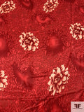 Floral and Animal Pattern Printed Silk Charmeuse - Red / Dark Red / Light Peach