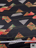 Geometric Pyramids Printed Silk Charmeuse - Black / White / Greens / Red