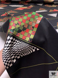 Geometric Pyramids Printed Silk Charmeuse - Black / White / Greens / Red