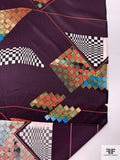 Geometric Pyramids Printed Silk Charmeuse - Eggplant Purple / Orange / Blue / Earth Green