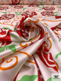 Floral and Swirl Vine Printed Silk Charmeuse - Red / Green / Orange / Off-White