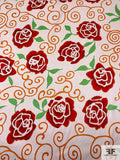Floral and Swirl Vine Printed Silk Charmeuse - Red / Green / Orange / Off-White