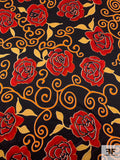 Floral and Swirl Vine Printed Silk Charmeuse - Orange / Red / Black