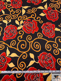 Floral and Swirl Vine Printed Silk Charmeuse - Orange / Red / Black