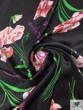 Foreign Floral Printed Silk Charmeuse - Green / Dusty Rose / Orchid Purple / Black