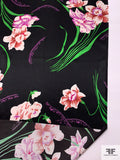 Foreign Floral Printed Silk Charmeuse - Green / Dusty Rose / Orchid Purple / Black