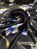 Foreign Floral Printed Silk Charmeuse - Blue / Oregano Green / Black / White