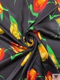 Floral Printed Silk Charmeuse - Yellow / Dark Reds / Green / Black