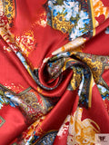 Floral Paisley Collage Printed Silk Charmeuse - Persian Red / Azure Blue / Pickel Green / Yellow