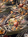 Swirls and Floral Printed Silk Charmeuse - Pear Green / Orange / Cream / Black