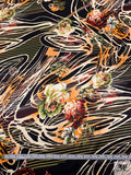 Swirls and Floral Printed Silk Charmeuse - Pear Green / Orange / Cream / Black