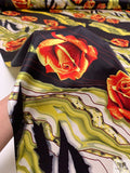 Raging Floral Printed Silk Charmeuse - Pear Green / Fire Orange / Black / Off-White