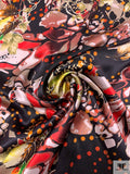Bubbles and Floral Printed Silk Charmeuse - Black / Reds / Taupe / Green / Yellow