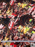 Bubbles and Floral Printed Silk Charmeuse - Black / Reds / Taupe / Green / Yellow