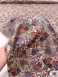 Paisley-Like Floral Printed Silk Charmeuse - Purple / Brick Red / Yellow / Pear Green