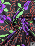 Floral and Swirl Vine Printed Silk Charmeuse - Violet / Green / Brick / Black