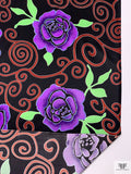 Floral and Swirl Vine Printed Silk Charmeuse - Violet / Green / Brick / Black