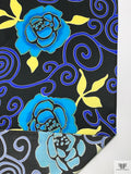 Floral and Swirl Vine Printed Silk Charmeuse - Turquoise / Royal Blue / Yellow / Bladk
