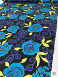 Floral and Swirl Vine Printed Silk Charmeuse - Turquoise / Royal Blue / Yellow / Bladk