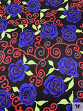 Floral and Swirl Vine Printed Silk Charmeuse - Dark Periwinkle / Lime Green / Red / Black