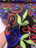 Floral and Swirl Vine Printed Silk Charmeuse - Dark Periwinkle / Lime Green / Red / Black