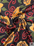 Floral and Swirl Vine Printed Silk Charmeuse - Black / Army Green / Mustard