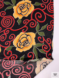 Floral and Swirl Vine Printed Silk Charmeuse - Black / Army Green / Mustard