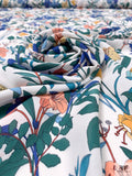 Floral Stems Printed Silk Georgette - Blue / Coral / Teal Green / Off-White