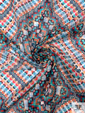 Geometric Tile Kaleidoscope Printed Lightweight Silk-Cotton Voile - Turquoise / Red / Black / Tangerine