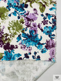 Floral Printed Basketweave Cotton - Turquoise Blue / Purple / Olive Green / Light Ivory