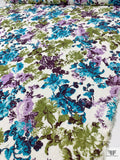 Floral Printed Basketweave Cotton - Turquoise Blue / Purple / Olive Green / Light Ivory