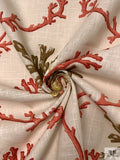 Nautical Coral Motif Linen-Weave Cotton - Burnt Coral / Olive Greens / Sand
